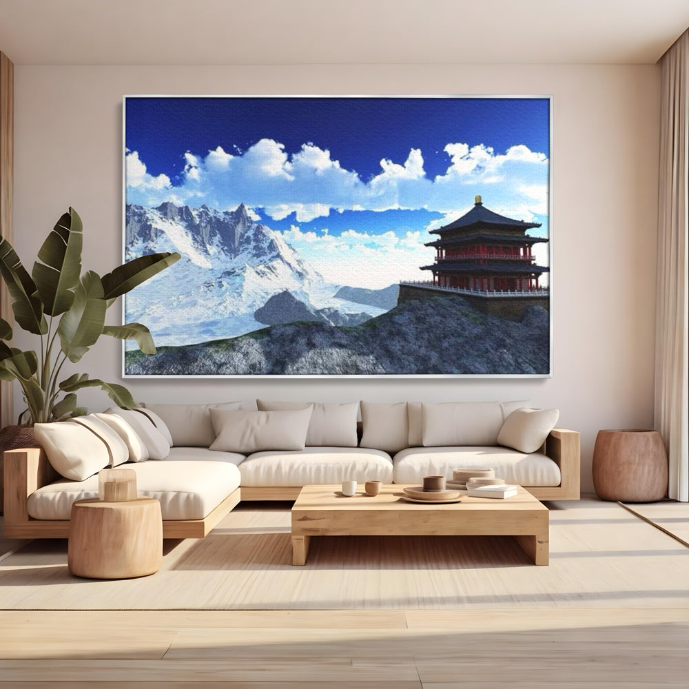 Tablou canvas cu tablou canvas cu templu si munti, in rama de aluminiu argintiu, pe perete intr-un living